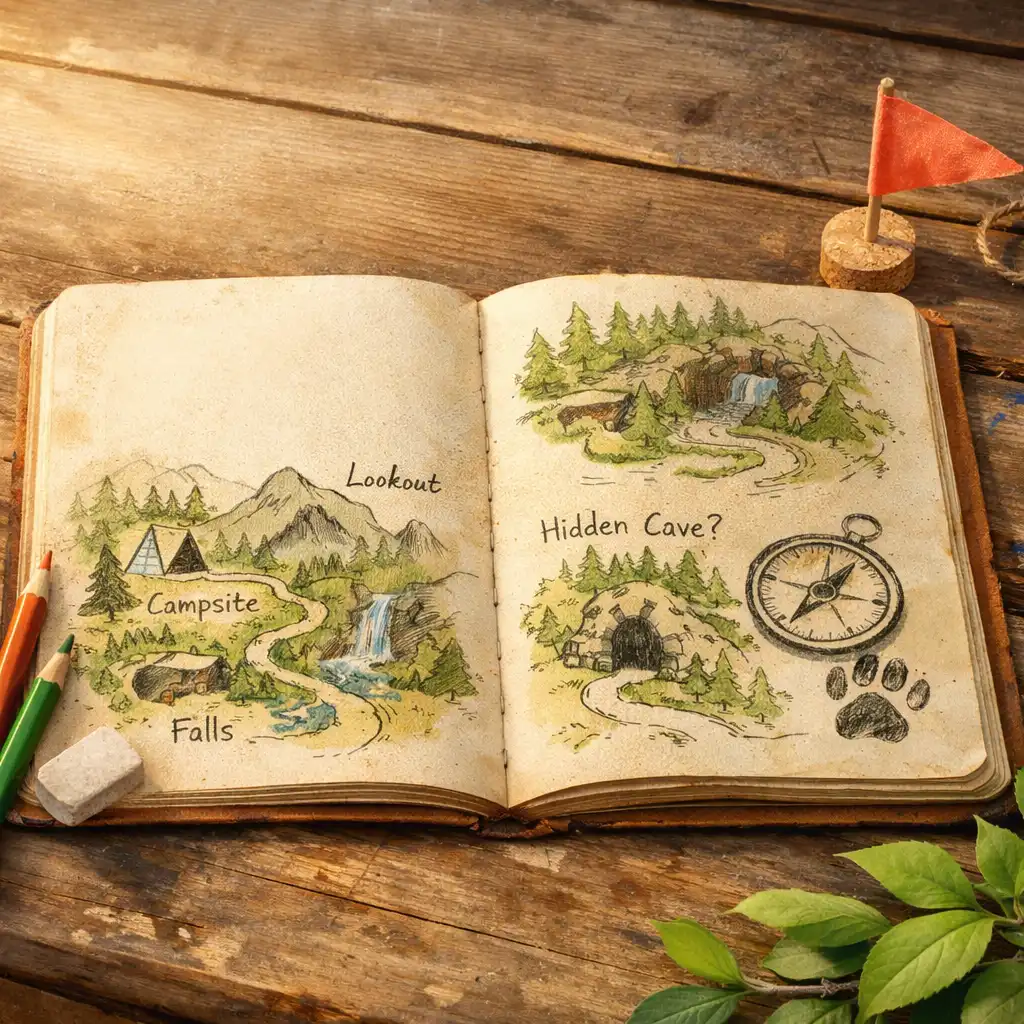Editorial illustration of an open expedition notebook with trail maps, pencils, leaves, and a paw-and-compass sketch.