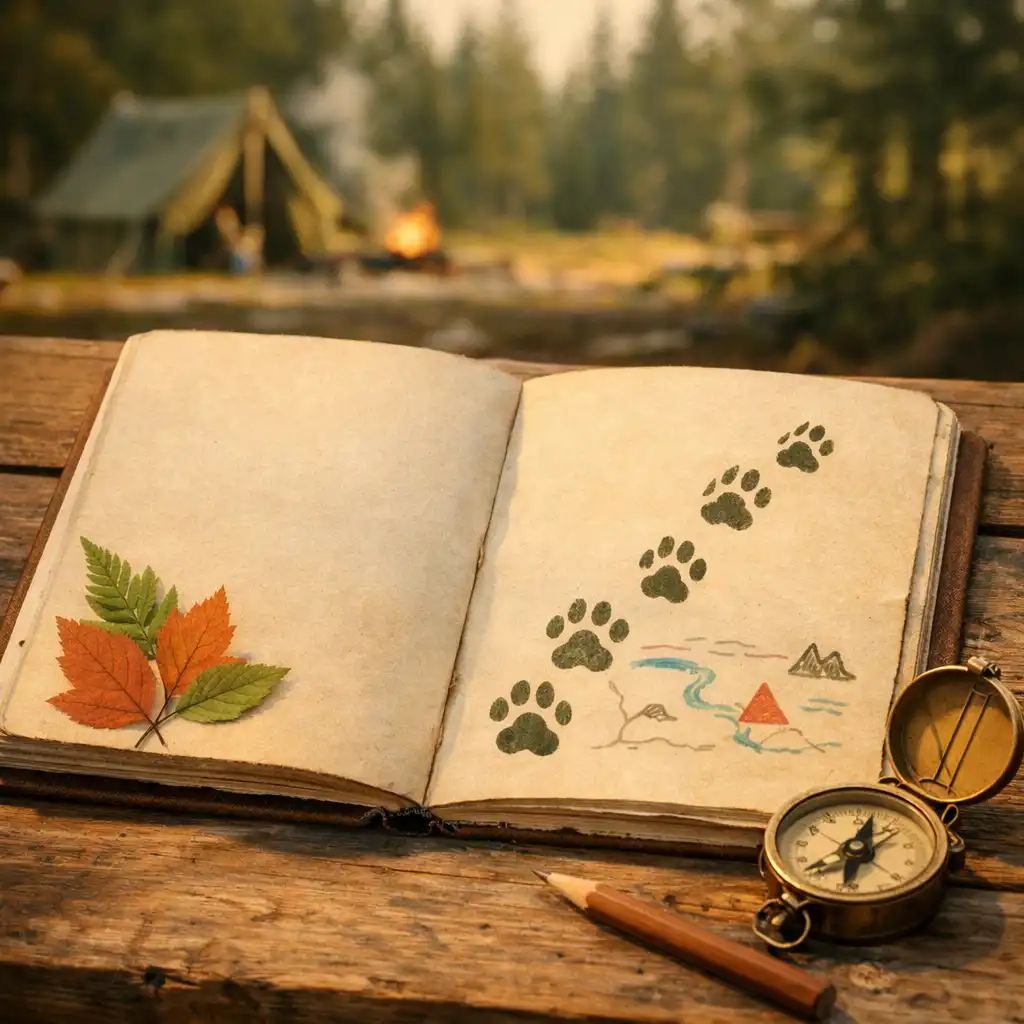 Illustrated expedition notebook with compass, leaves, and a hand-drawn paw trail