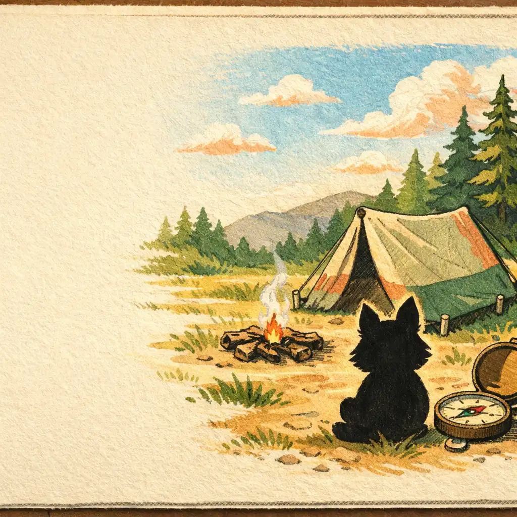 Illustrated woodland camp scene with a generic creature silhouette, tent, and compass on a field notebook page