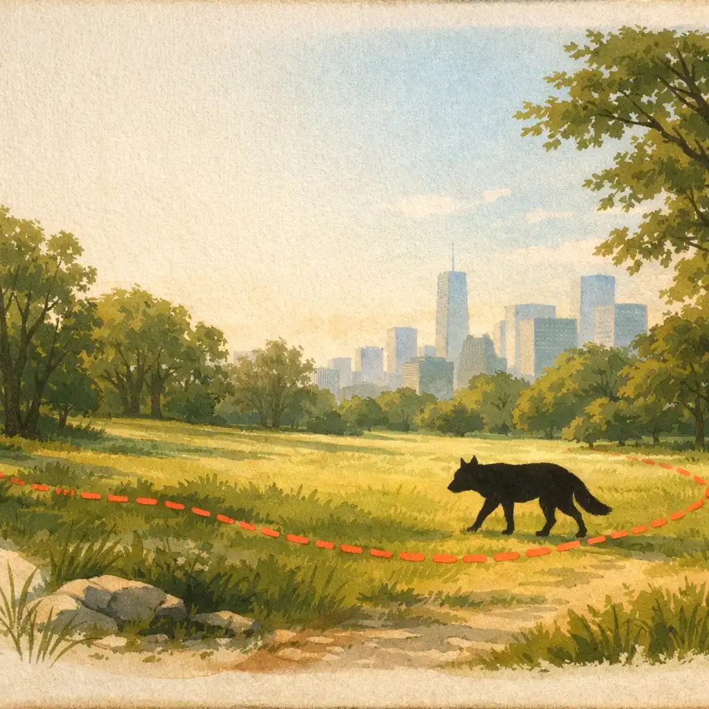 Illustrated generic animal silhouette crossing a tree-lined urban green space