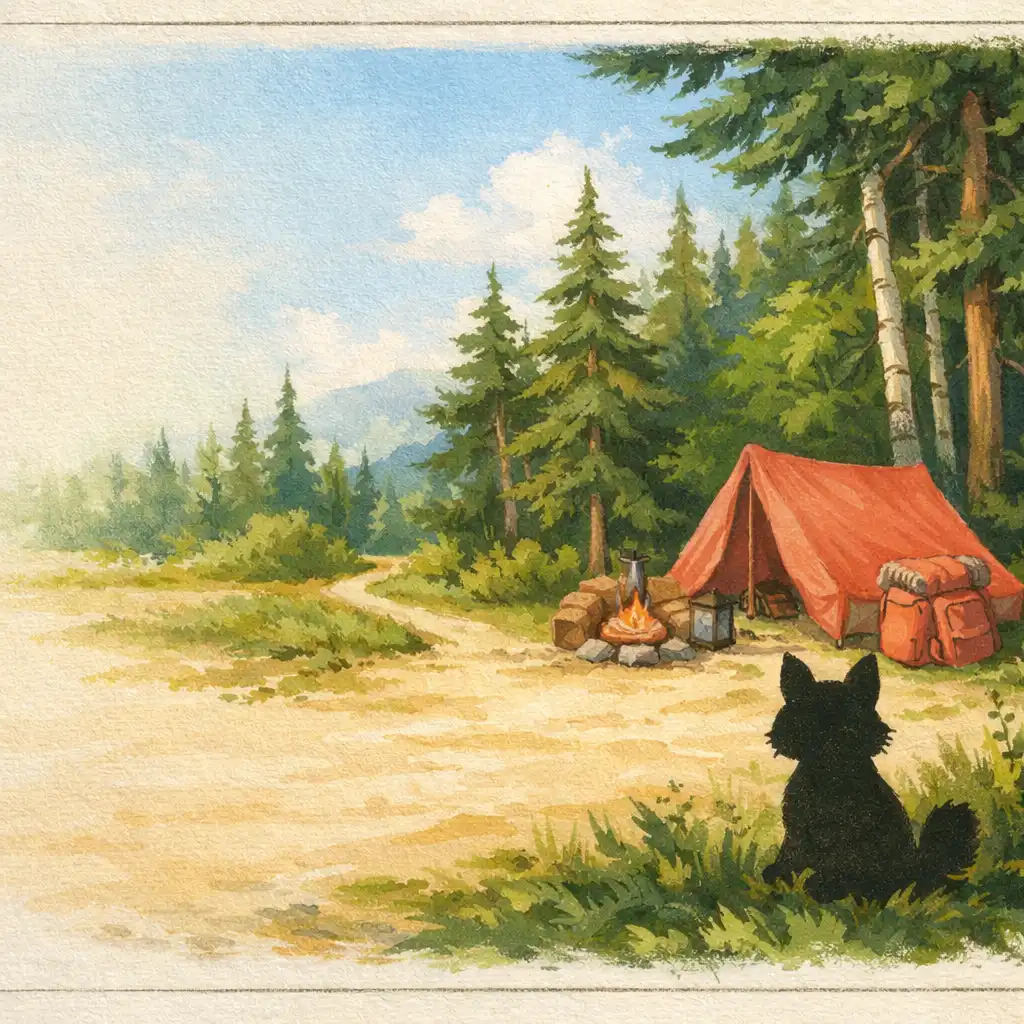 Editorial illustration of a generic woodland creature near a small camp and forest trail