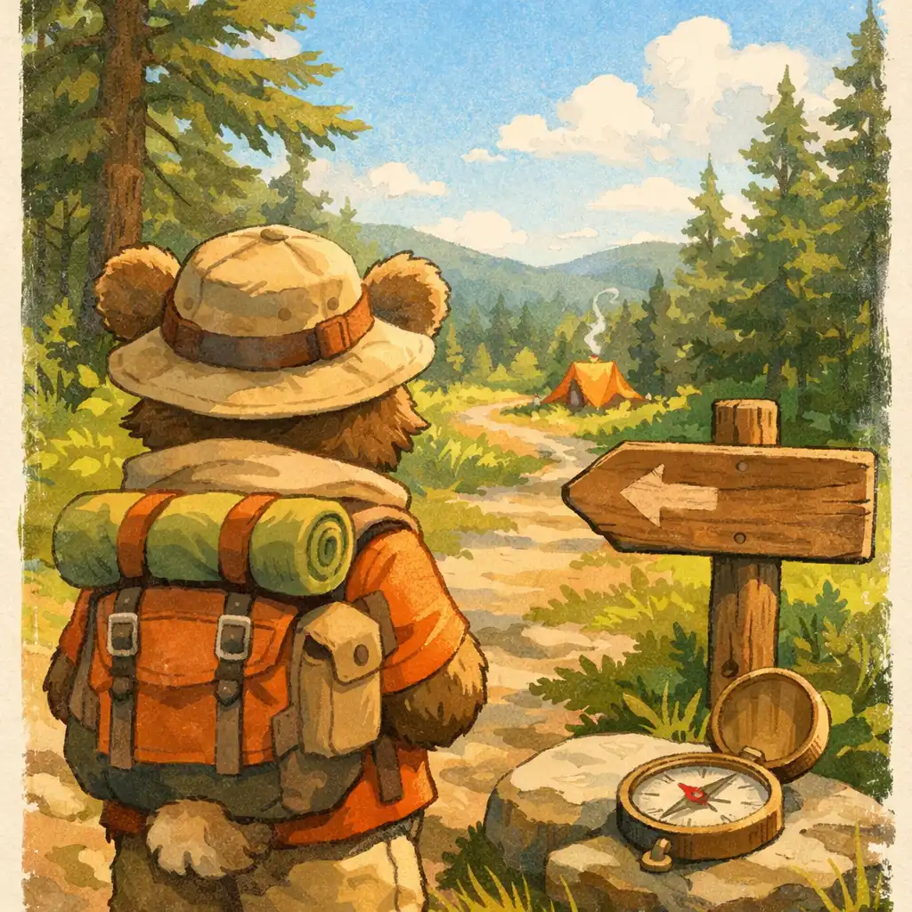 Editorial illustration of a generic animal-like explorer beside a forest trail sign and compass