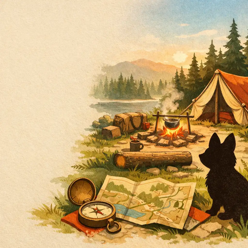 Editorial artwork of a generic woodland creature near a small camp and trail map in an evergreen landscape.