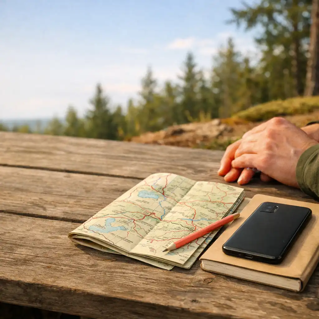 Editorial illustration of hands beside a folded trail map and a face-down phone on a notebook outdoors.