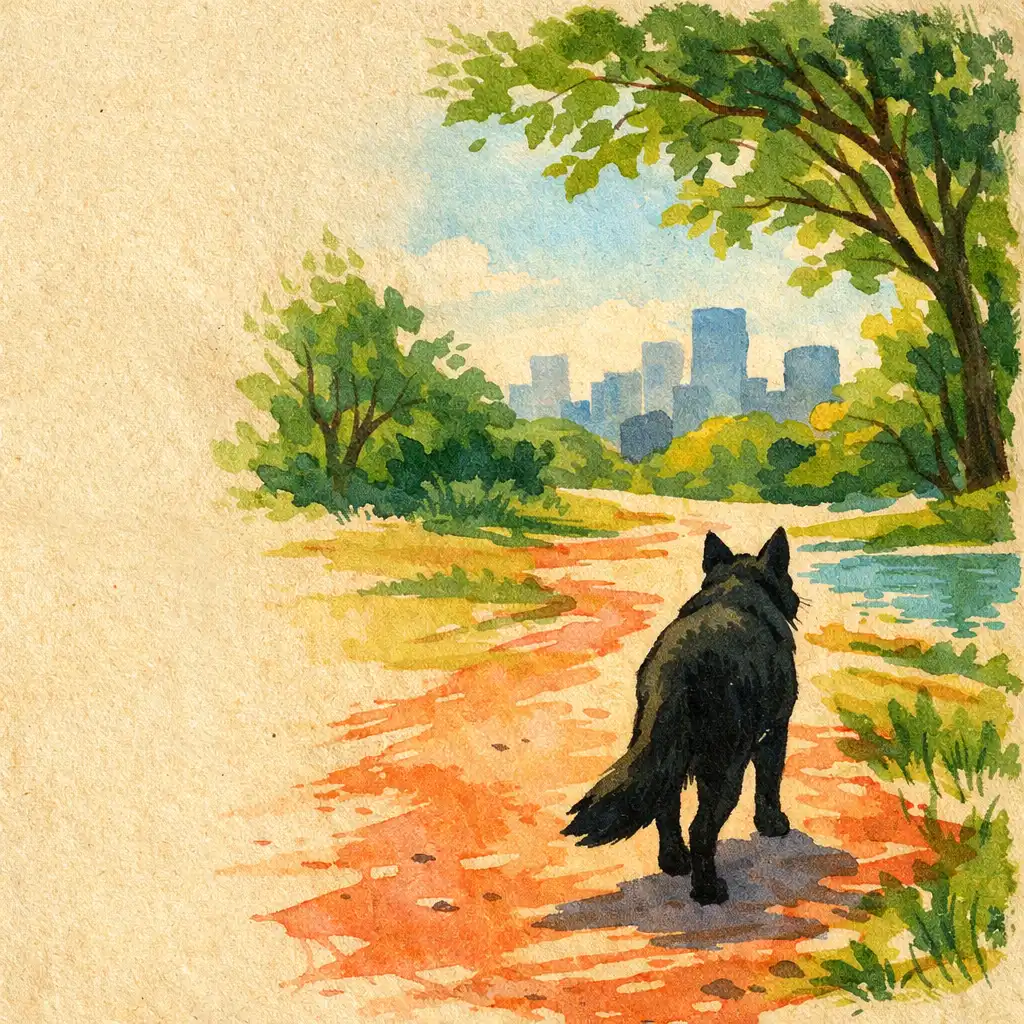 Illustrated generic animal silhouette walking along a city park path