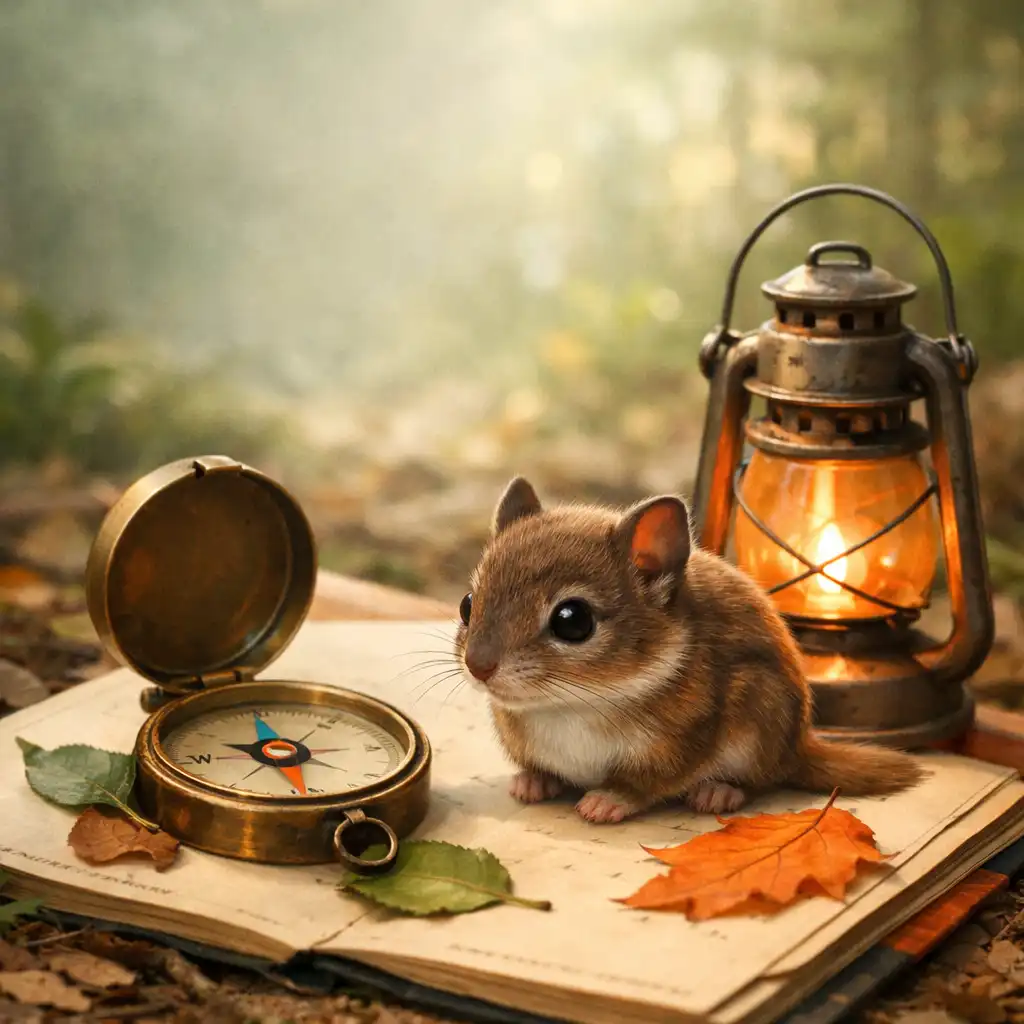 Thematic editorial illustration of a generic woodland animal beside a compass, leaves, and campsite lantern