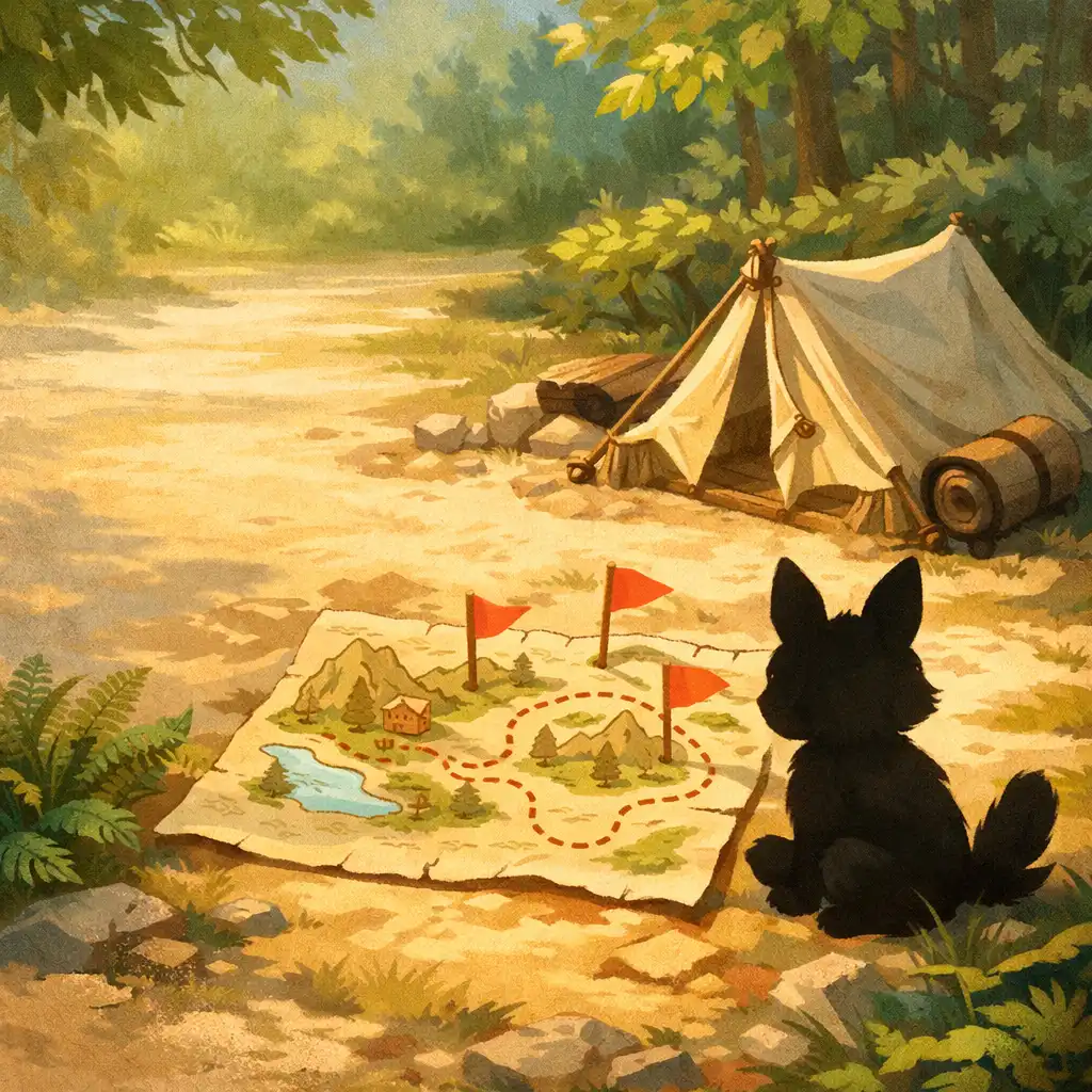Editorial illustration of a generic woodland creature beside a small tent and paper trail map