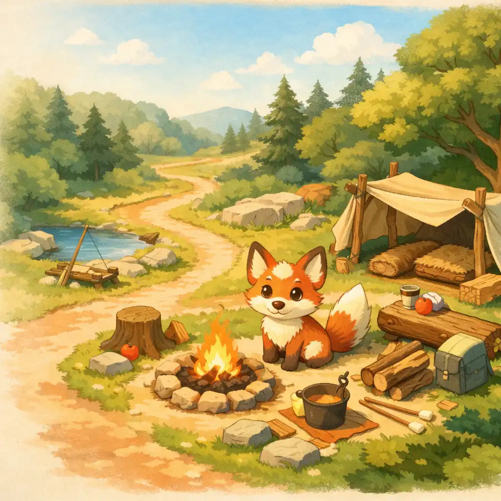 Editorial illustration of a friendly creature in a natural camp-like setting