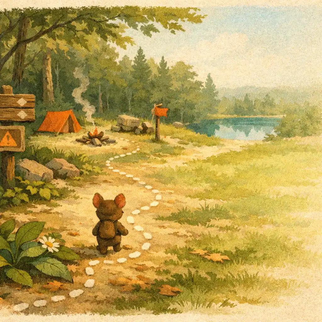 Illustrative review artwork of a generic creature following a woodland trail; not gameplay evidence.