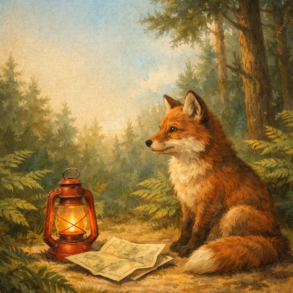 Illustrative review artwork of a generic forest animal beside a lantern and folded map; not gameplay evidence.