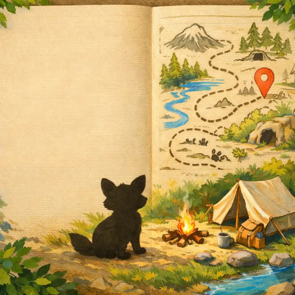 Illustrative review artwork of a generic woodland creature near a camp and trail map; not gameplay evidence.