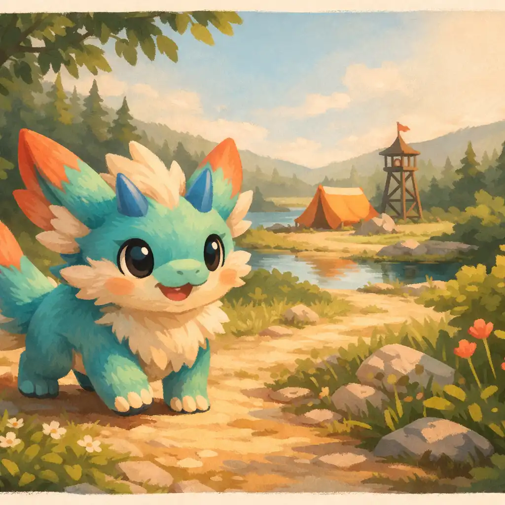 Editorial illustration of an animal-like creature travelling along a leafy outdoor path