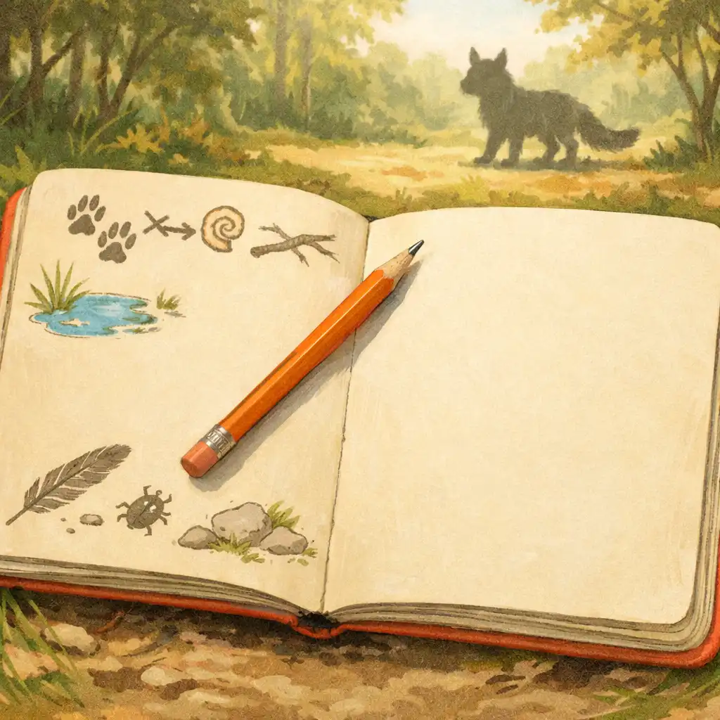 Editorial illustration of a blank notebook and pencil beside a generic animal silhouette in a forest clearing.