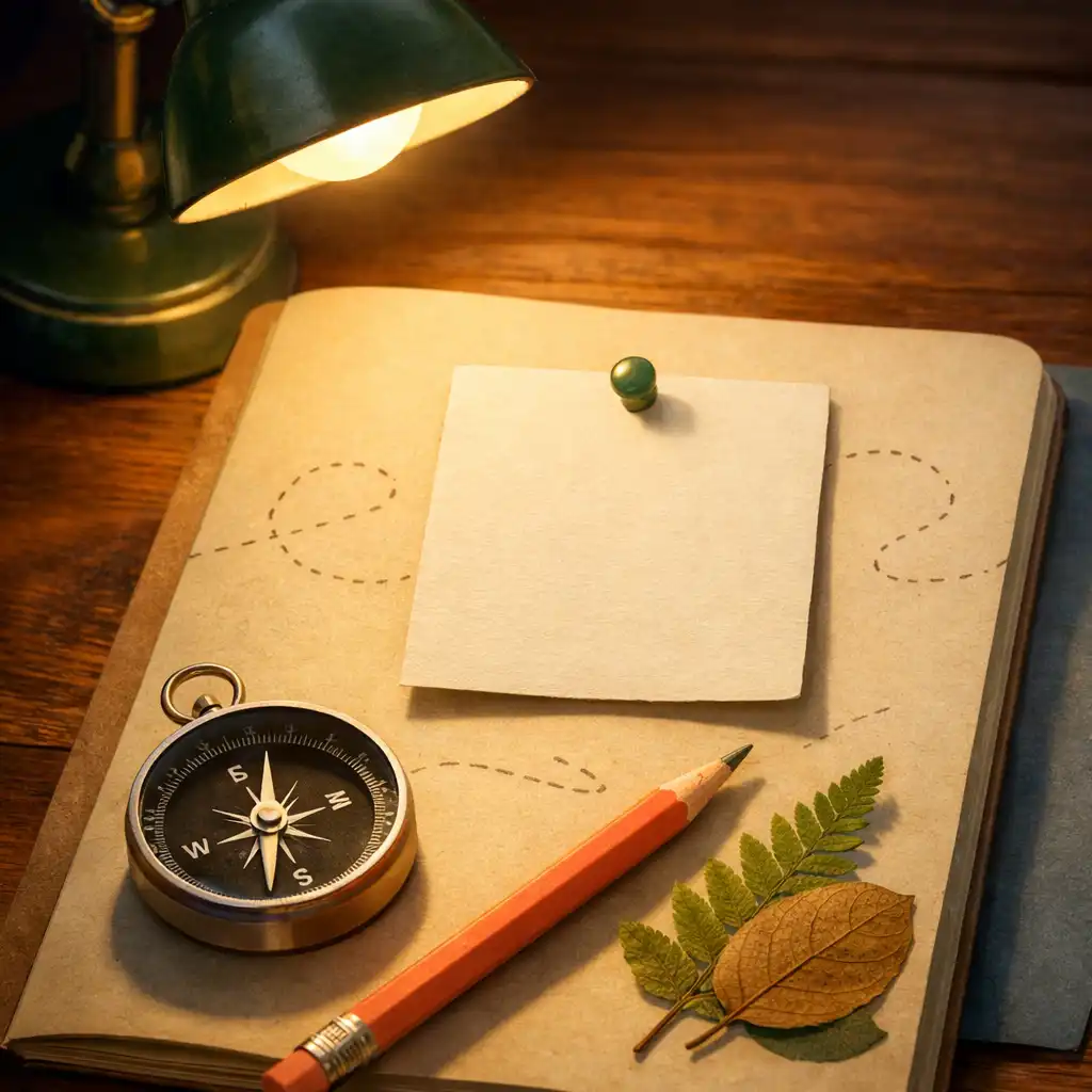 Editorial illustration of a warm desk lamp beside a blank pinned notebook note, compass, pencil, and pressed leaves.